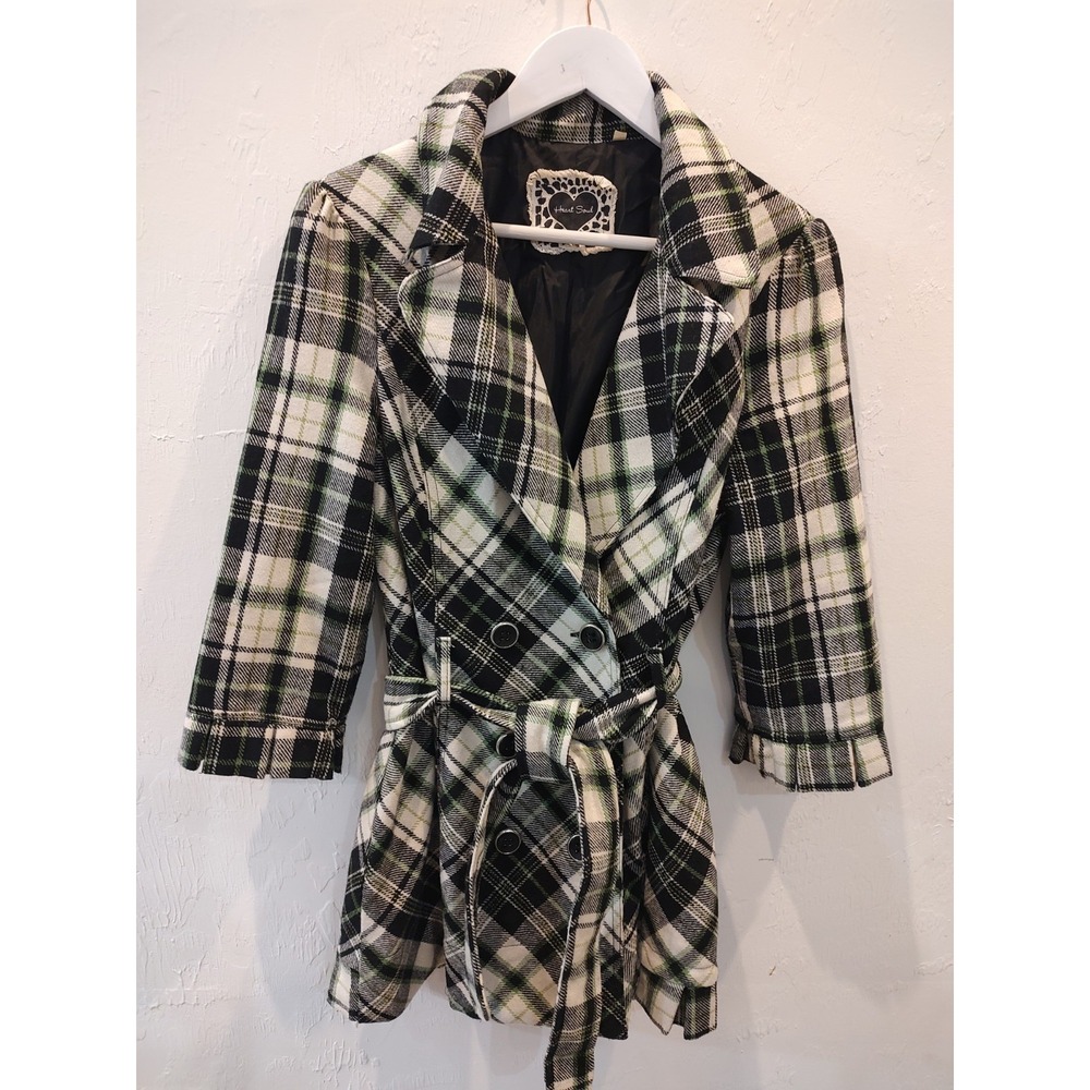 Heart Soul Women Plaid Belt Trench Coat Black Green Cream Fall Wool Blend Y2K